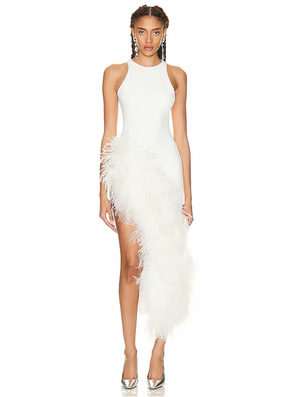 David Koma Asymmetric White Feather-Trim Midi Dress